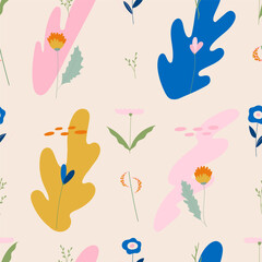 Delicate spring and summer flowers and plants on a beige background. Seamless pattern. Vector illustration in modern style.
