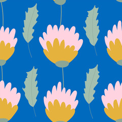 Delicate spring and summer flowers on a blue background. Seamless pattern. Vector illustration in modern style.