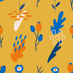 Flowers, plants, berries, spring and summer flowers on a yellow background. Seamless pattern. Vector illustration in modern style.