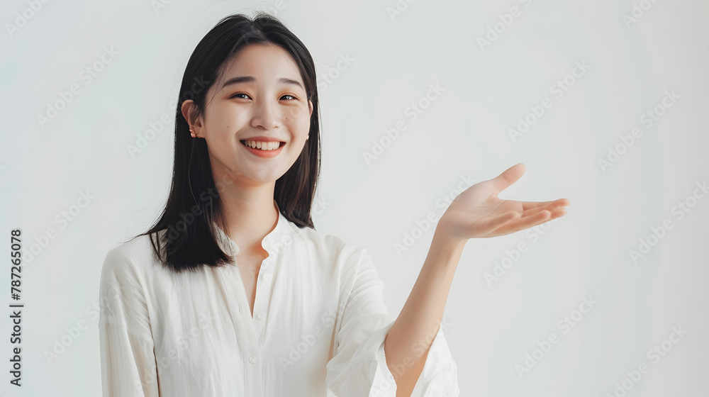 Poster happy asian woman presenting or showing open hand palm with copy space for product on white backgrou