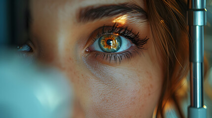 Close-up of a woman's eye during an ophthalmological exam. Detailed macro shot highlighting eye care and medical examination. Healthcare and ophthalmology concept for specialized medical services - obrazy, fototapety, plakaty