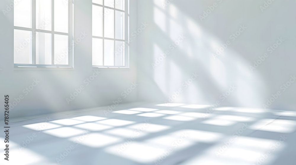 Poster Abstract White Studio Background for Product Presentation with Window Shadows and Sunlight Blurred Backdrop Empty Room With Copy Space : Generative AI