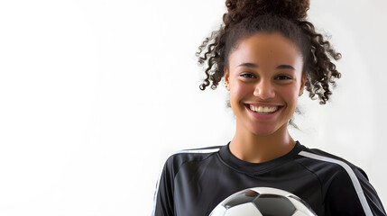 Portrait of smiling biracial young female soccer player with ball standing against white background...