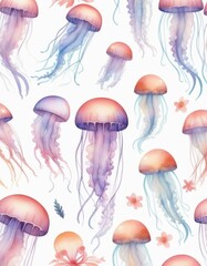 Deep Ocean Glow: A mesmerizing scene of jellyfish swimming in the dark blue depths, their glowing orange tentacles illuminating the underwater world