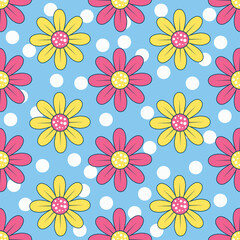 Fototapeta na wymiar Seamless vector pattern with pink and yellow flowers on a delicate blue background. This light and airy design is designed to awaken the feeling of spring in you, adding freshness to your project!