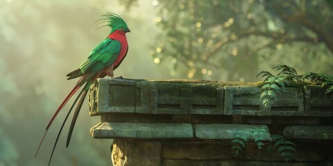 Naklejka premium A vibrant Quetzal bird sits atop weathered stone ruins amidst lush greenery in a serene yet mysterious environment