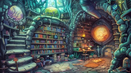 An enchanting school library scene, brought to life by a skilled illustrator - obrazy, fototapety, plakaty