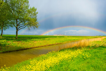 Dark sky and a rainbow over a rural landscape, Almere, Flevoland, The Netherlands, April 17, 2024
