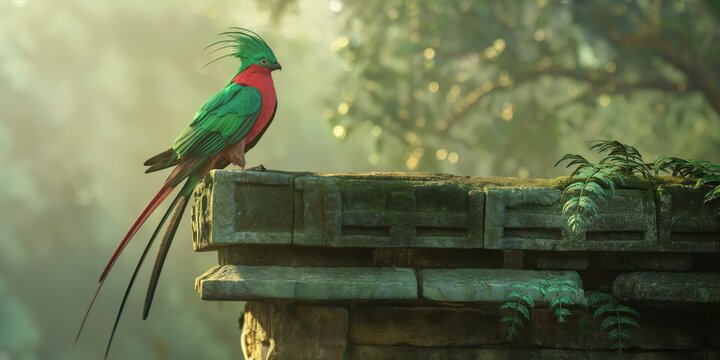 A vibrant Quetzal bird sits atop weathered stone ruins amidst lush greenery in a serene yet mysterious environment