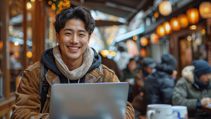 Young Asian entrepreneur laughing during a video call, working from a bustling cafe - obrazy, fototapety, plakaty