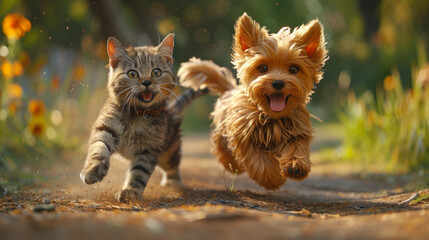 A cat and a dog are running together in a field