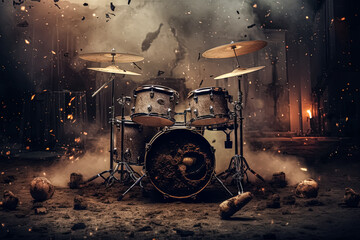 A drum set is shown with a lot of debris around it.