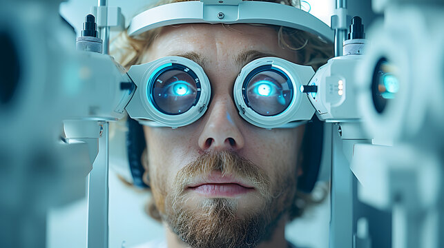 Man undergoing an eye examination with advanced optical equipment. Close-up portrait of patient in optometrist testing gear. Health care and vision concept for medical poster and educational materials