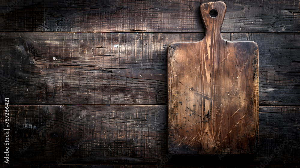 Poster old cutting board on dark wooden table view from above copy space : generative ai