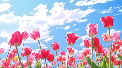 A field of red and pink tulips reaches towards a bright blue sky scattered with fluffy white clouds.