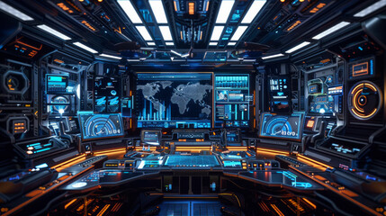 A futuristic space station with a large monitor displaying a map of the world