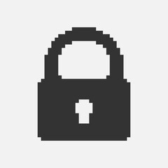 black and white simple flat 1bit vector pixel art icon of retro vintage locked padlock. privacy and access safety
