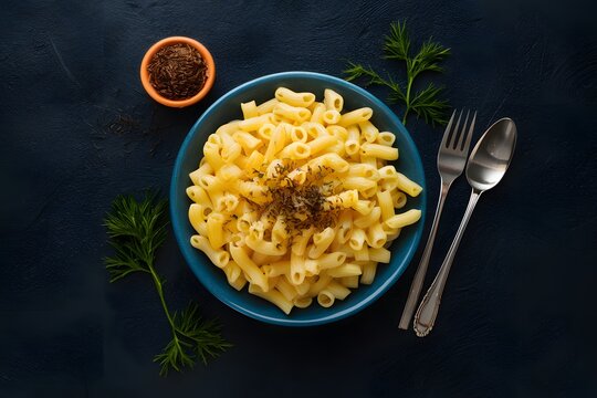 PhotoStock Flat laygraphy photo showcasing an appetizing stock of macaroni and cheese