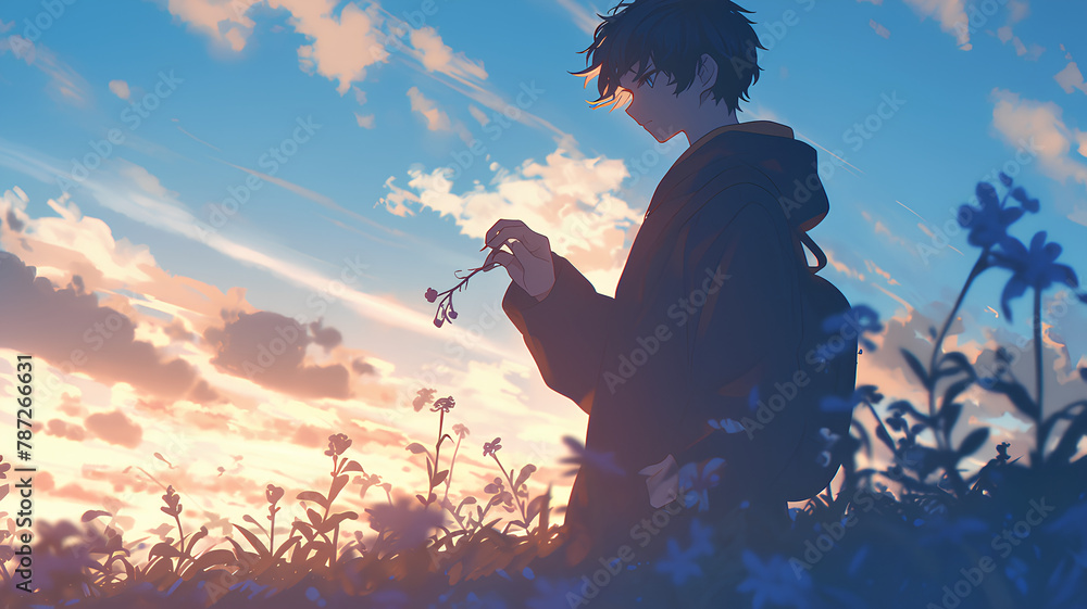 Wall mural anime style cool boy with flower background