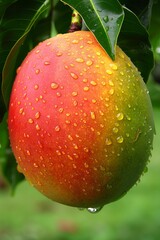 Macro close up of ripe mango with water droplets on tree, ideal as banner with space for text
