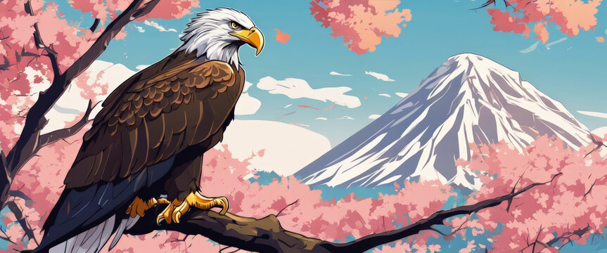Illustration of a bald eagle on a tree in a park
