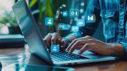 Social media and Marketing virtual icons screen concept. close-up of a businessman typing keyboard with a laptop computer on a wooden desk in a modern office.
