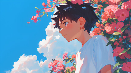 anime style cool boy with flower background. Vector illustration