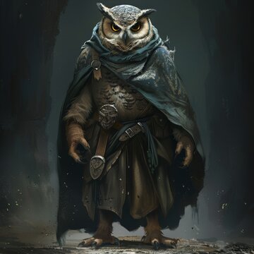 an owl wearing a cape and holding a sword
