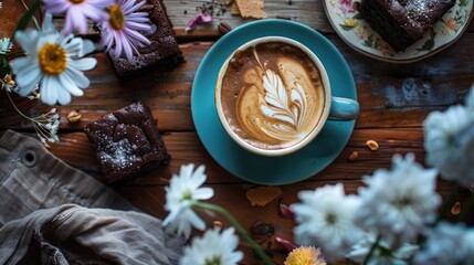 Coffee Latte tea flowers brownies wooden table - obrazy, fototapety, plakaty