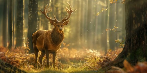 A captivating photo of a deer with impressive antlers standing amidst the trees, bathed in golden sunlight