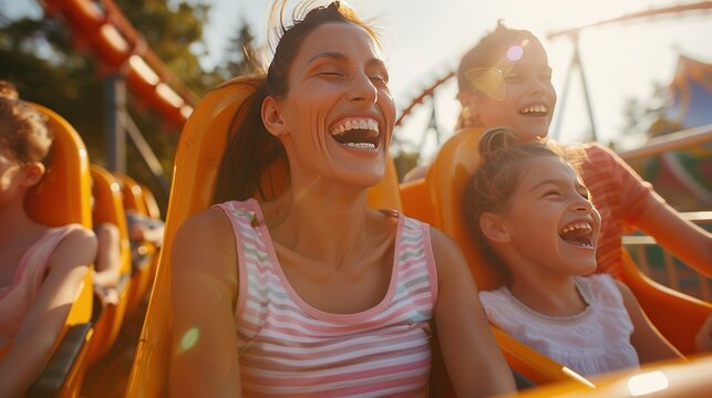 A mother and her two children riding a rollercoaster. Generate AI image