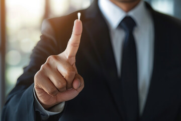 A man in a suit is pointing at something with his finger