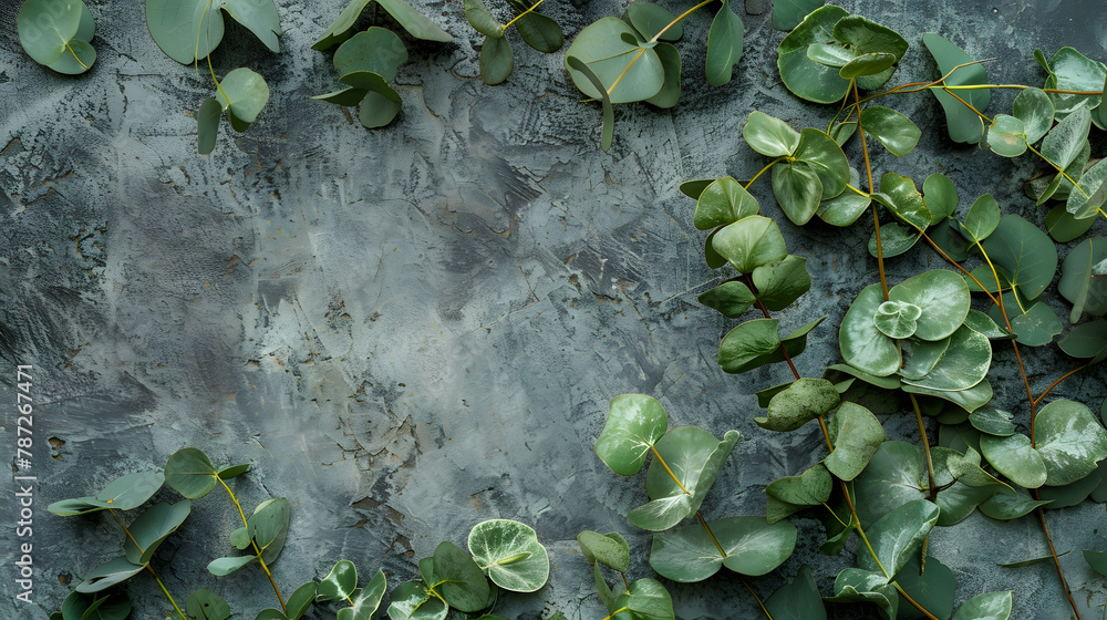 Poster Green eucalyptus leaves on stone table Frame made of eucalyptus branches Flat lay top view copy space : Generative AI