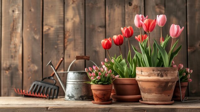 flowerpots of tulips, spring flower season