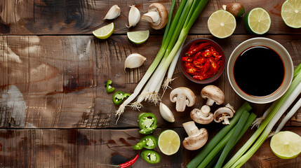 Asian cuisine ingredients with chicken food background Ginger lime chili pepper garlic soy sauce mushrooms paprika green onion on wooden kitchen table Top view copy space : Generative AI - Powered by Adobe