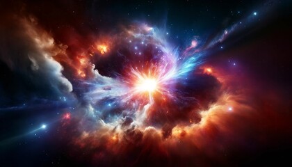 Fototapeta na wymiar Colorful supernova explosion in space. Brilliant supernova explosion displays captivating colors against a dark backdrop.