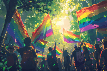 A group of people waving rainbow flags for the gay pride celebration in the park with sunlight and a green tree background