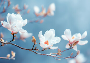 Flowering white magnolia on blue background, macro photography, pastel colors