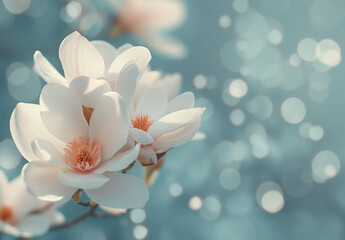 Flowering white magnolia on blue background, macro photography, pastel colors