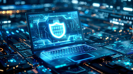 Fototapeta premium Laptop with blue shield symbol on the screen and digital security concept on dark background