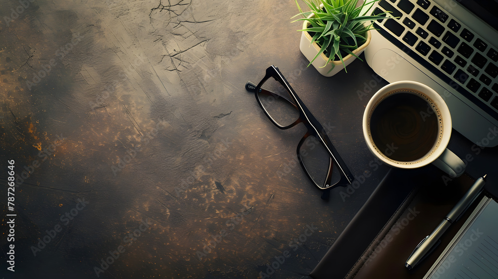 Poster office leather desk table with computer supplies and coffee cup top view with copy space : generativ
