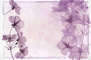 A purple floral pattern on a white background with a faded purple border.