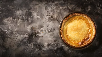 Fotobehang Traditional South African milk tart freshly baked and in tin Mottled grey and rustic surface with copy space : Generative AI © Generative AI