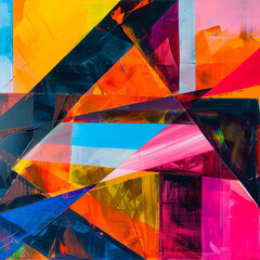 A colorful abstract painting with a blue and yellow triangle in the middle