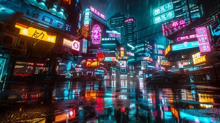 Futuristic cyberpunk cityscape at night with glowing neon lights and holographic advertisements. Wide-angle lens and cool color palette evoke mystery and intrigue.
