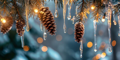 Glistening pine cones amidst winter's frozen icicles are highlighted by soft bokeh lighting in the background - obrazy, fototapety, plakaty