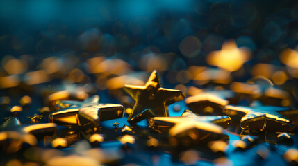 Collection of gold stars arranged neatly on top of a table. Raring concept