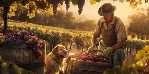 A man in a hat picks ripe grapes in a sunlit vineyard, accompanied by his loyal dog, depicting the tradition of wine making
