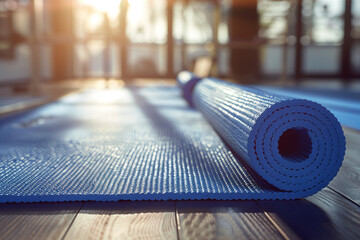 Blue fitness mat on a floor in a blurred yoga studio on background.