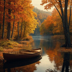 Serpentine River Cutting Through Autumn Woods with Boat along the shore